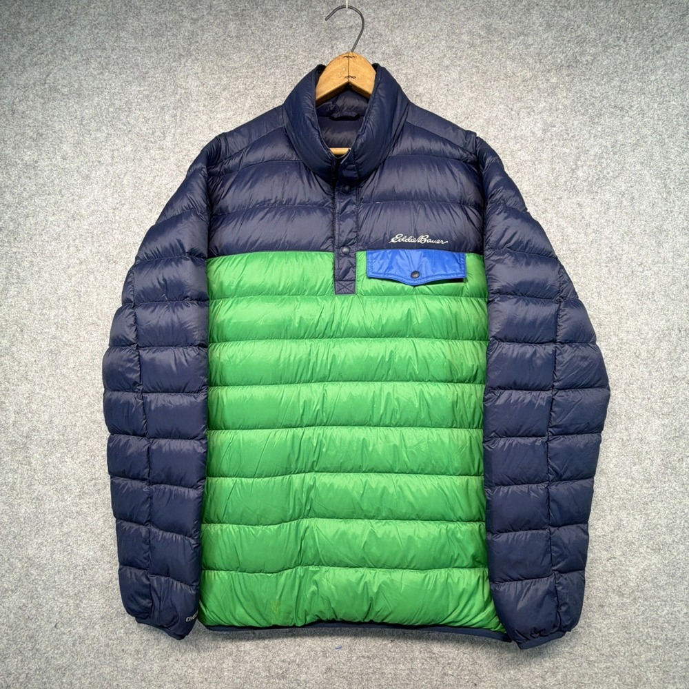 Eddie Bauer EB650 Down Puffer Jacket Mens Large Blue Green 1/4 Snap Pullover